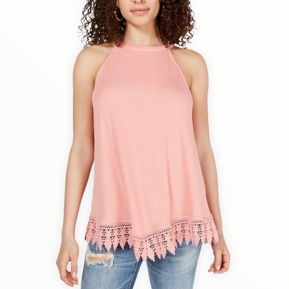 Hippie Rose Coral Ribbed Knit Crochet Tunic Tank Top Juniors Small